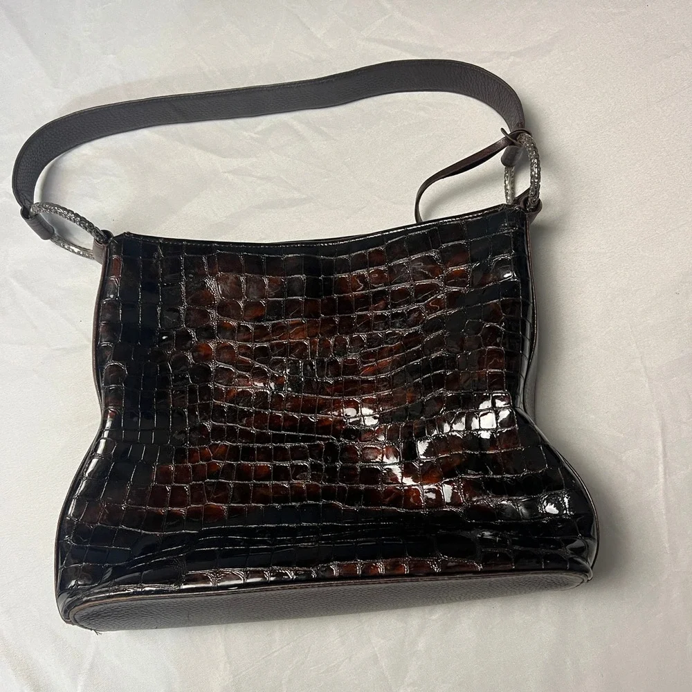 Brighton Croc Cher Embossed Shoulder Bag Brown Faux Leather Silver‎ Detail Hobo